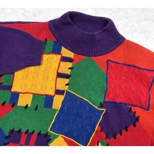 VTG 80s 90s Abstract Colorful Patchwork Sweater Women M Bold Artsy Novelty RARE